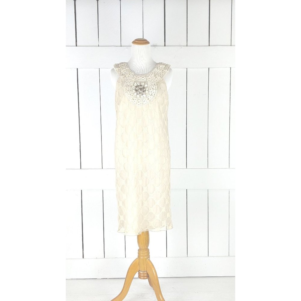 Ivory cream beaded crochet lace sheer net overlay sleeveless tunic dress 6